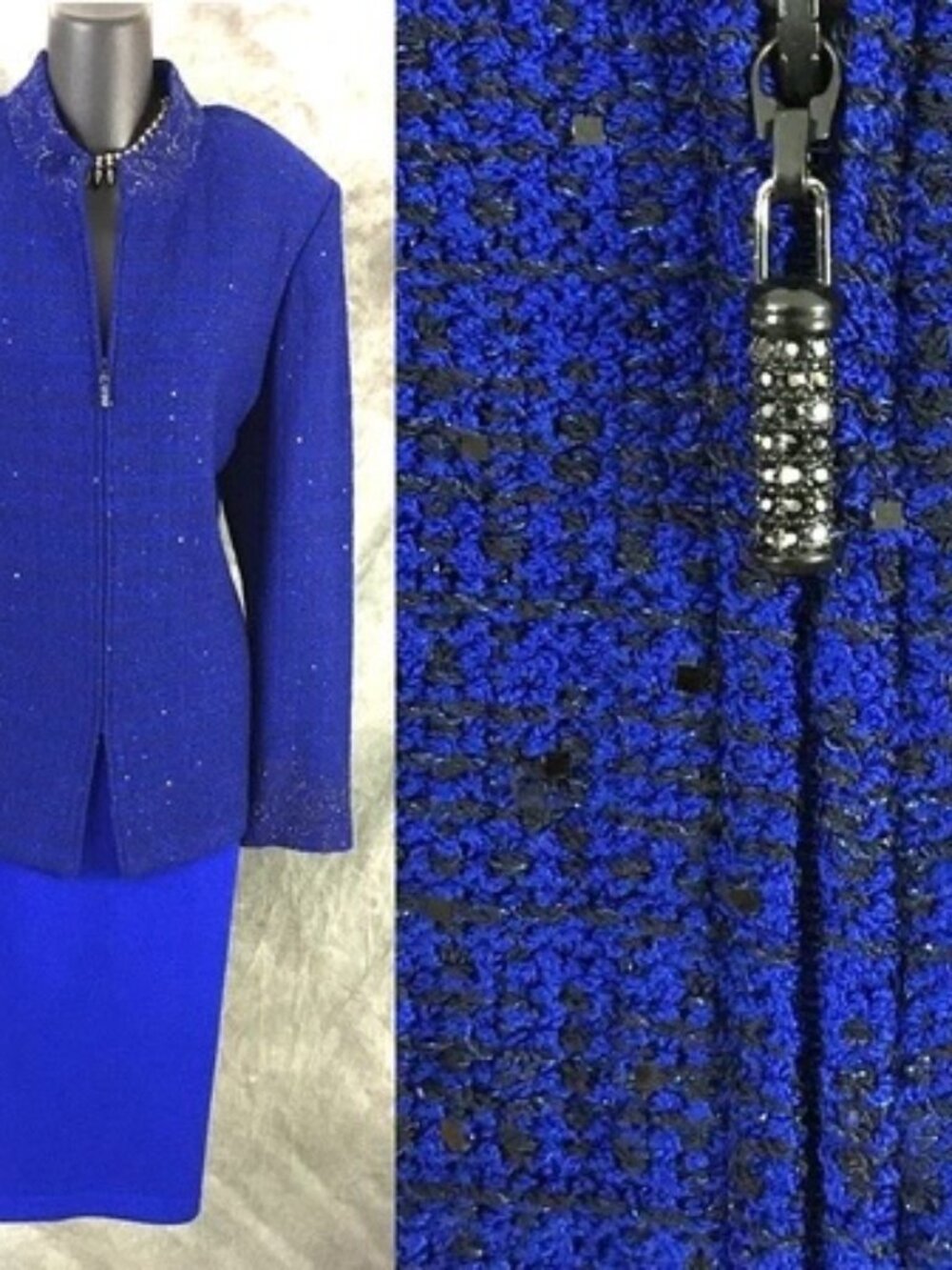 BEAUTIFUL St John evening knit blue black embellished jacket skirt suit 12